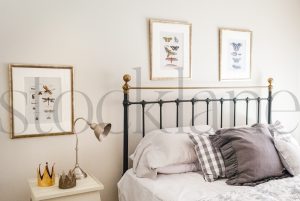 Horizontal stock photo of Bed and nightstand