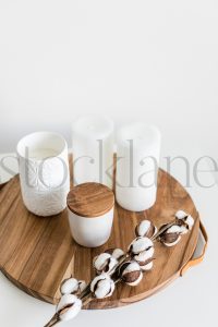 Vertical Stock Photo of cotton stem mugs and candle