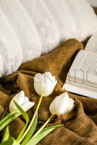 Vertical stock photo of tulips and a book