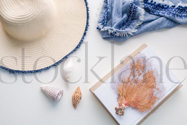 Horizontal stock photo of a hat shells blanket and book