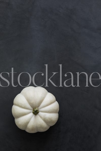 Vertical stock photo of white pumpkin on dark background