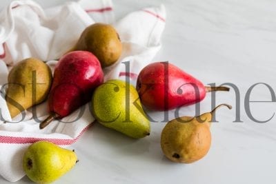 Horizontal stock photo of pears on kitchen countertop