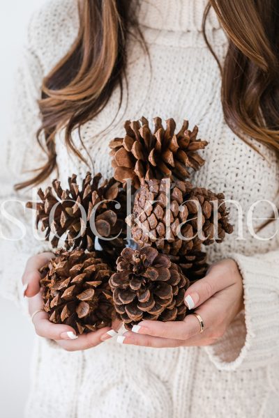 Vertical stock photo of woman holding pine cones