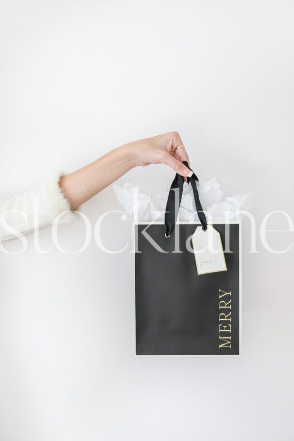 Vertical stock photo of woman holding gift bag