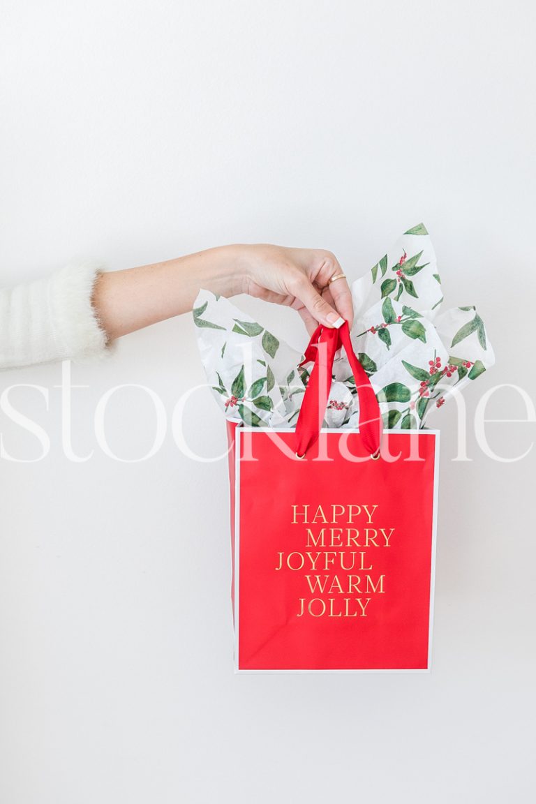 Vertical stock photo of hand holding a christmas gift