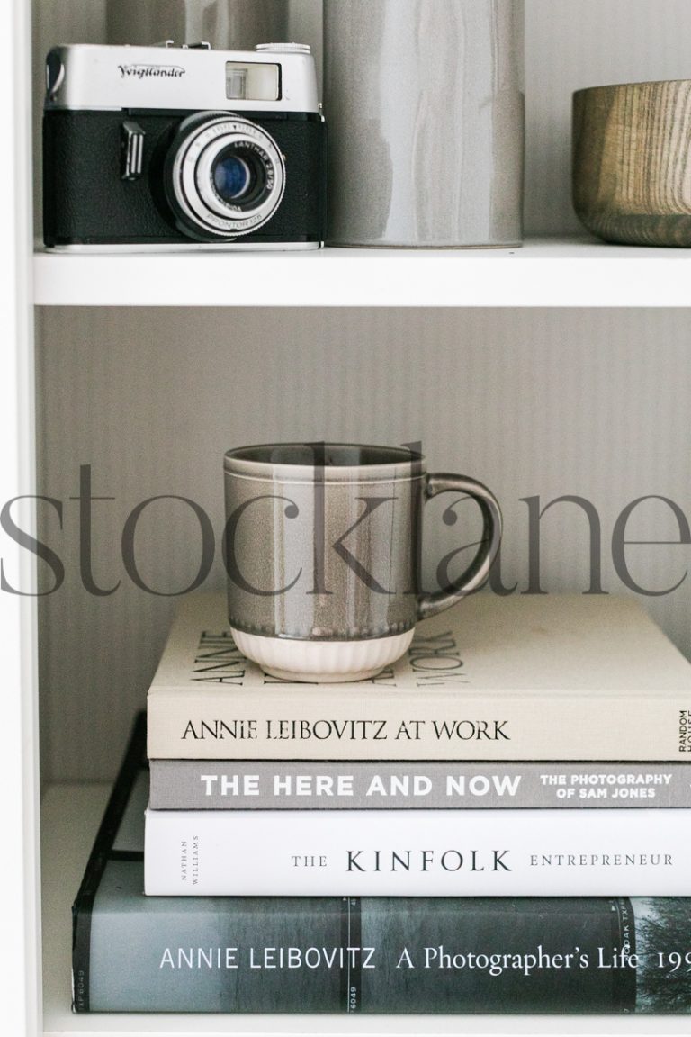 Vertical stock photo of bookshelf with books, coffee mug, camera