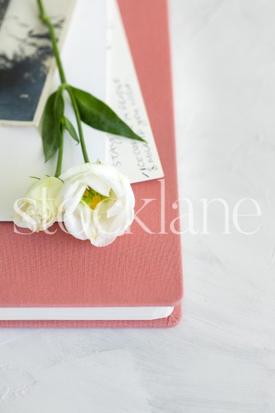 Vertical stock photo of pink notebook and white flower