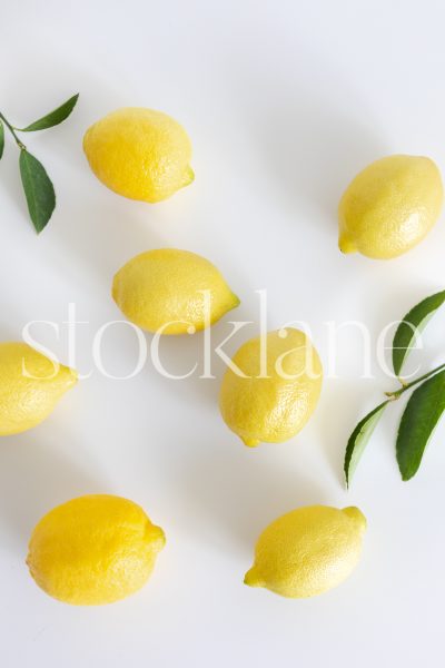 Vertical stock photo of lemons on a white background.