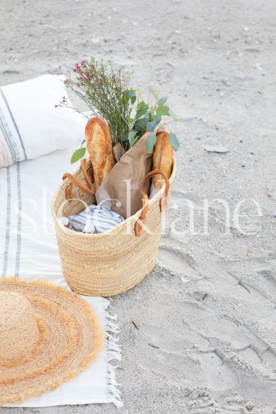 Vertical stock photo of picnic basket.