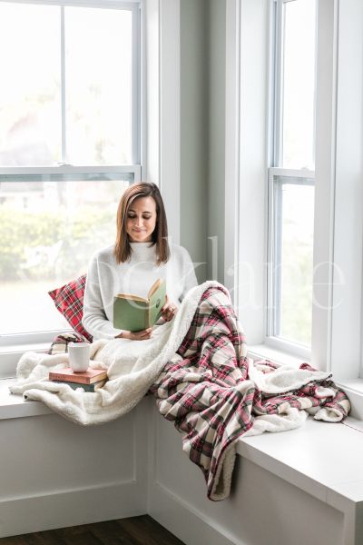 Vertical holiday stock photo of woman reading a book.