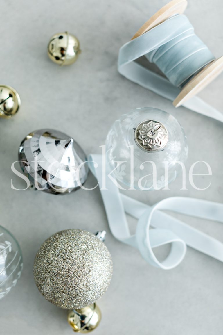 Vertical stock photo of light blue Christmas decor.