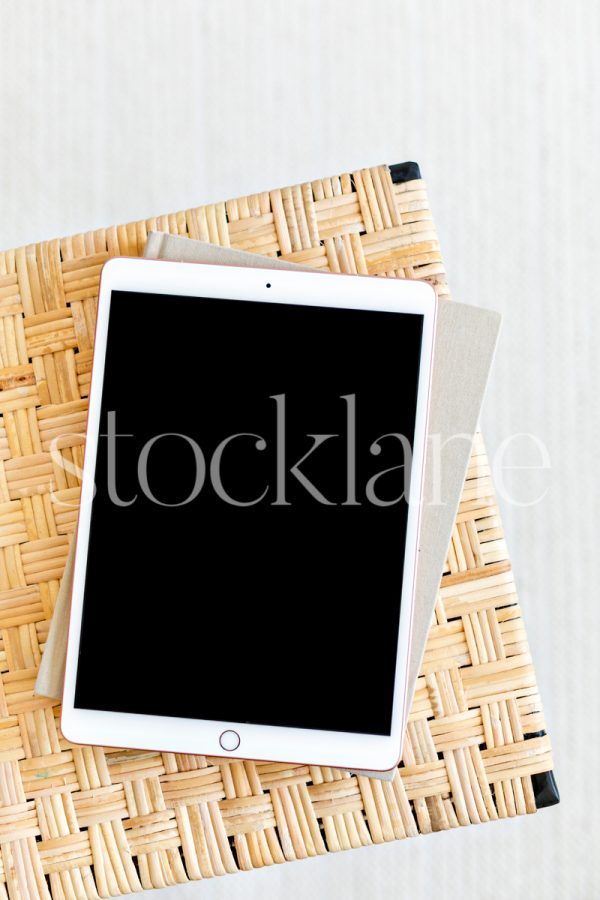 Vertical stock photo of an iPad mockup in neutral colors.