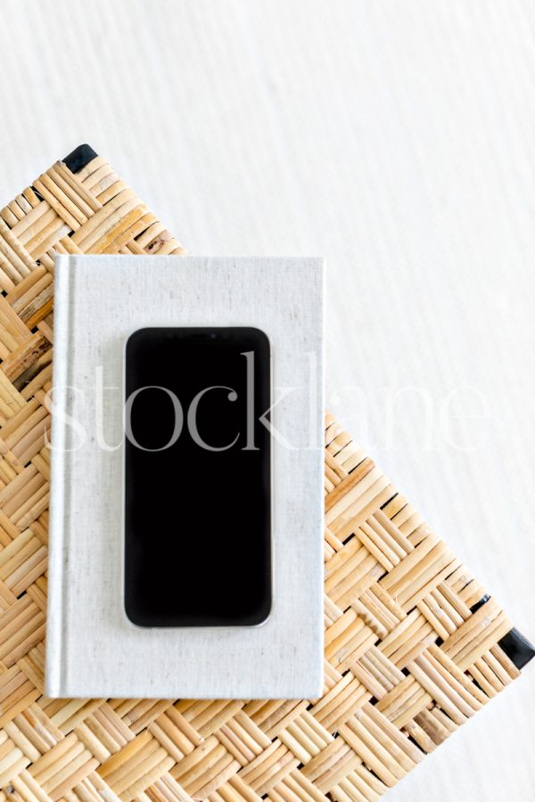 Vertical stock photo of a phone mockup in neutral colors.