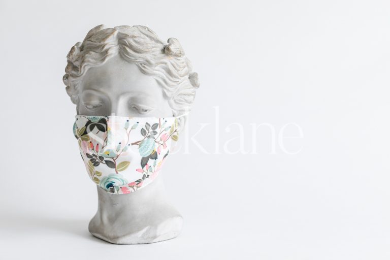 Horizontal stock photo of a woman head sculpture with a floral mask.