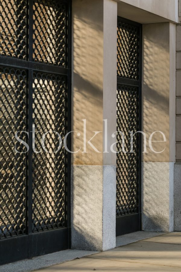 Vertical stock photo of an ornate door with sunlight shinning through.