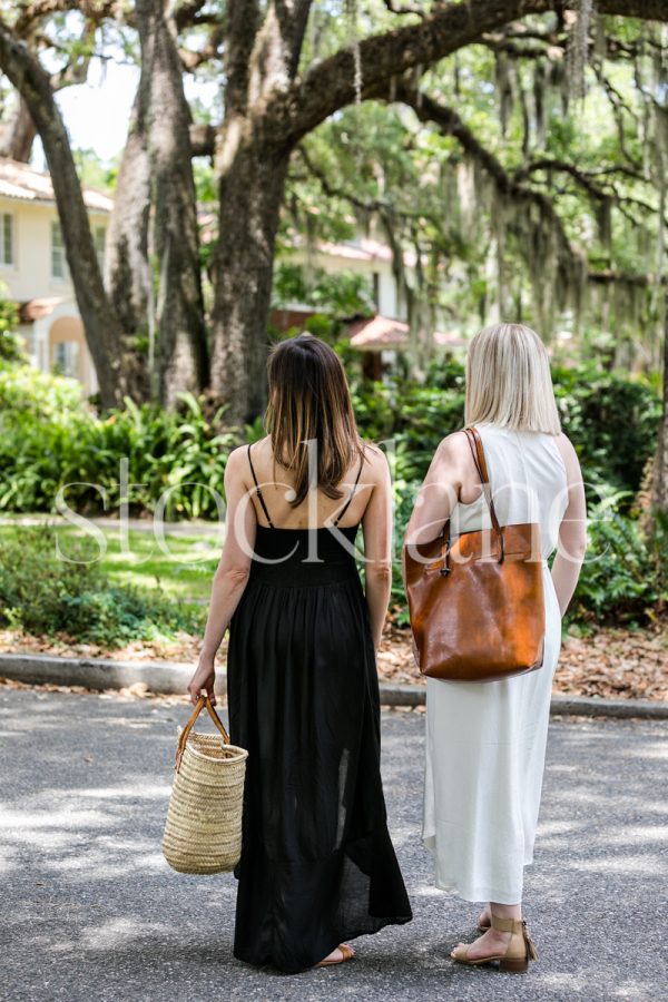 Vertical stock photo of two woman friends walking.