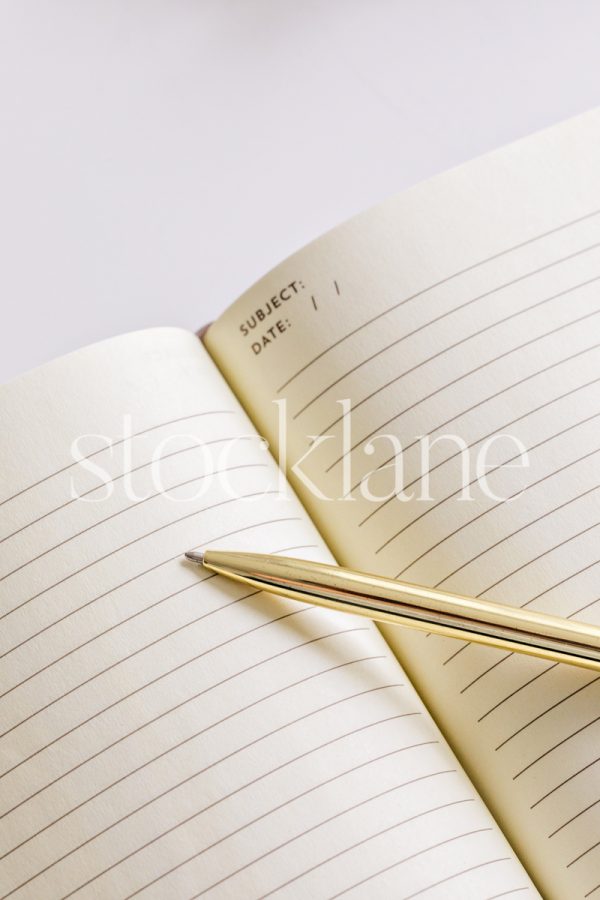 Vertical stock photo of a gold pen on an open notebook.