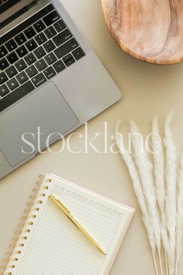 Vertical stock photo of a laptop computer with fall-themed decor.