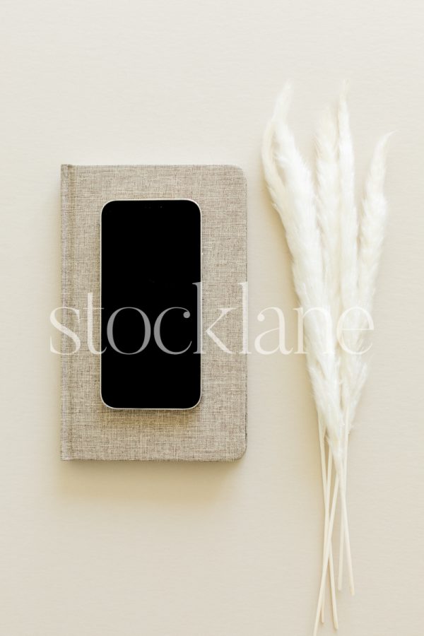 Vertical stock photo of a notebook, a laptop and white dried floral on a neutral background.