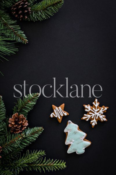 Vertical stock photo of gingerbread cookies on a black background.