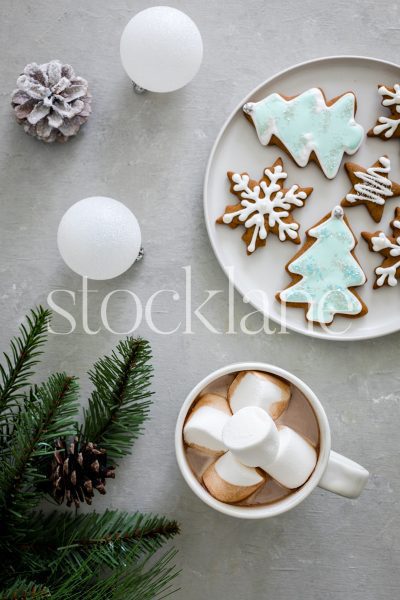 Vertical stock photo of a cup of hot cocoa and a plate of gingerbread cookies with Christmas ornaments.