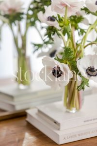 Vertical stock photo of a vase with flowers on top of neutral colored books.