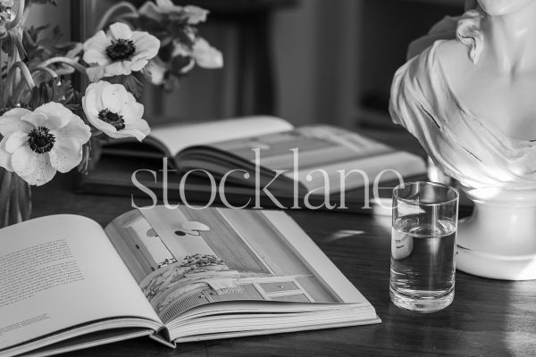 Horizontal black and white stock photo of a table with a magazine, flowers, water and a sculpture.