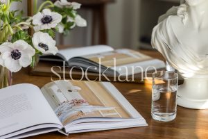 Horizontal stock photo of a table with a magazine, flowers, water and a sculpture.